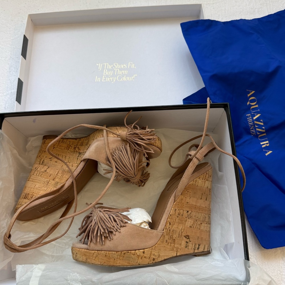 Aquazzura Wild One Wedge Sandals with Tassels Nude-Tan /VintagePink Color Size37 - Picture 11 of 11